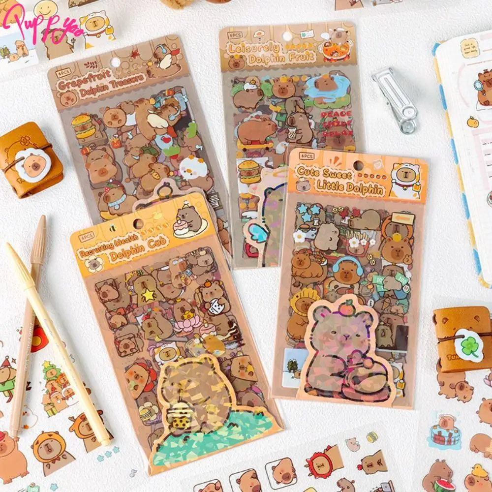 6 Pcs/Bag Cute Capybara Hand Ledger Stickers Creative Aesthetic Scrapbooking DIY Material Cartoon Animal Waterproof