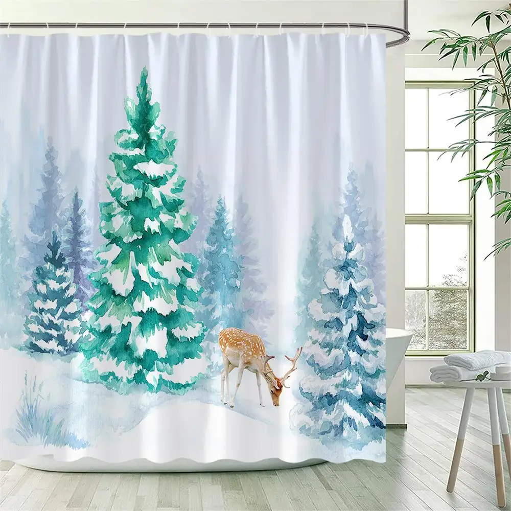 Winter Snowy Forest Shower Curtains Pine Tree Deer Snowflake Xmas Christmas Holiday Rustic Farmhouse Bathroom Decor with Hooks