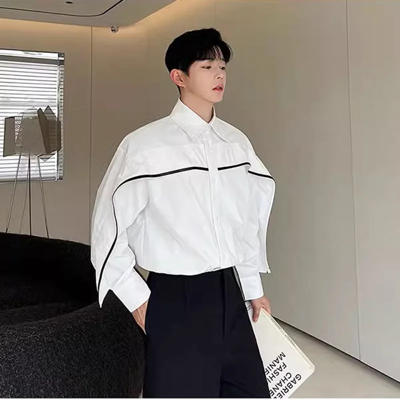 3D Cropping Shirt for Men Korean Streetwear Fashion Show Loose Causal Long Sleeve Vintage Shirts Male Party Shirts Blouses