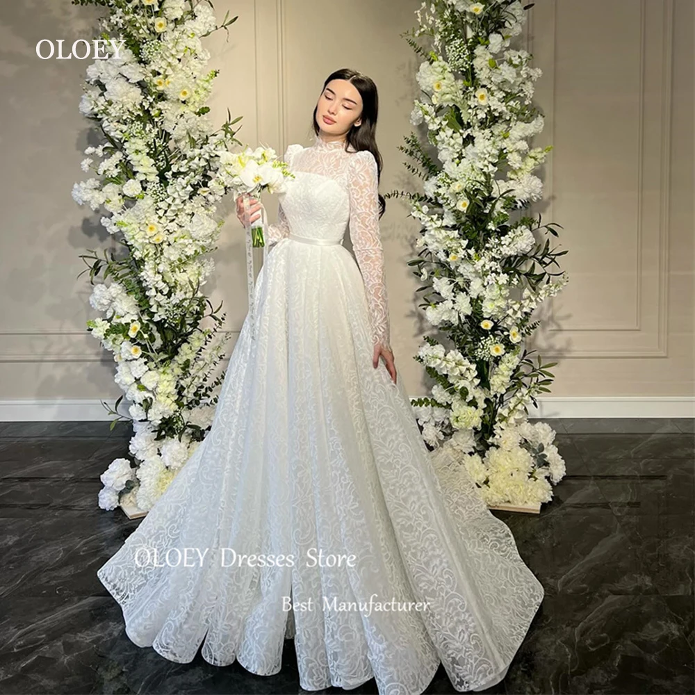 

OLOEY Modest Full Lace A Line Wedding Dresses Long Sleees High Neck Dubai Arabic Bridal Gowns Mariage Vestidos de noiva