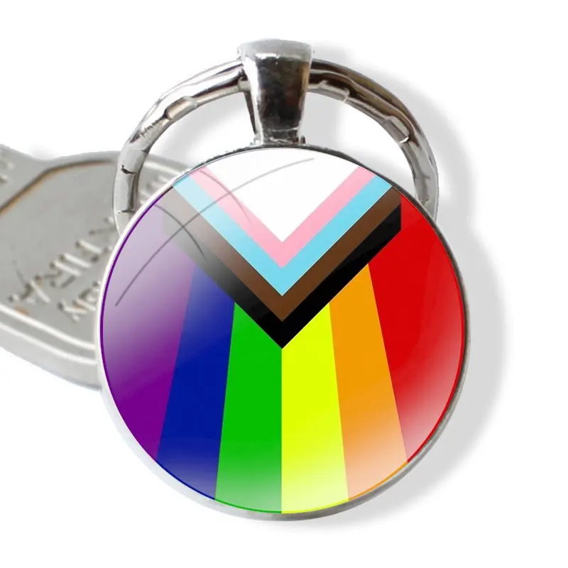 Progress Pride Flag Keychain Handmade Glass Cabochon Key Ring Holder Pendant Key Chains