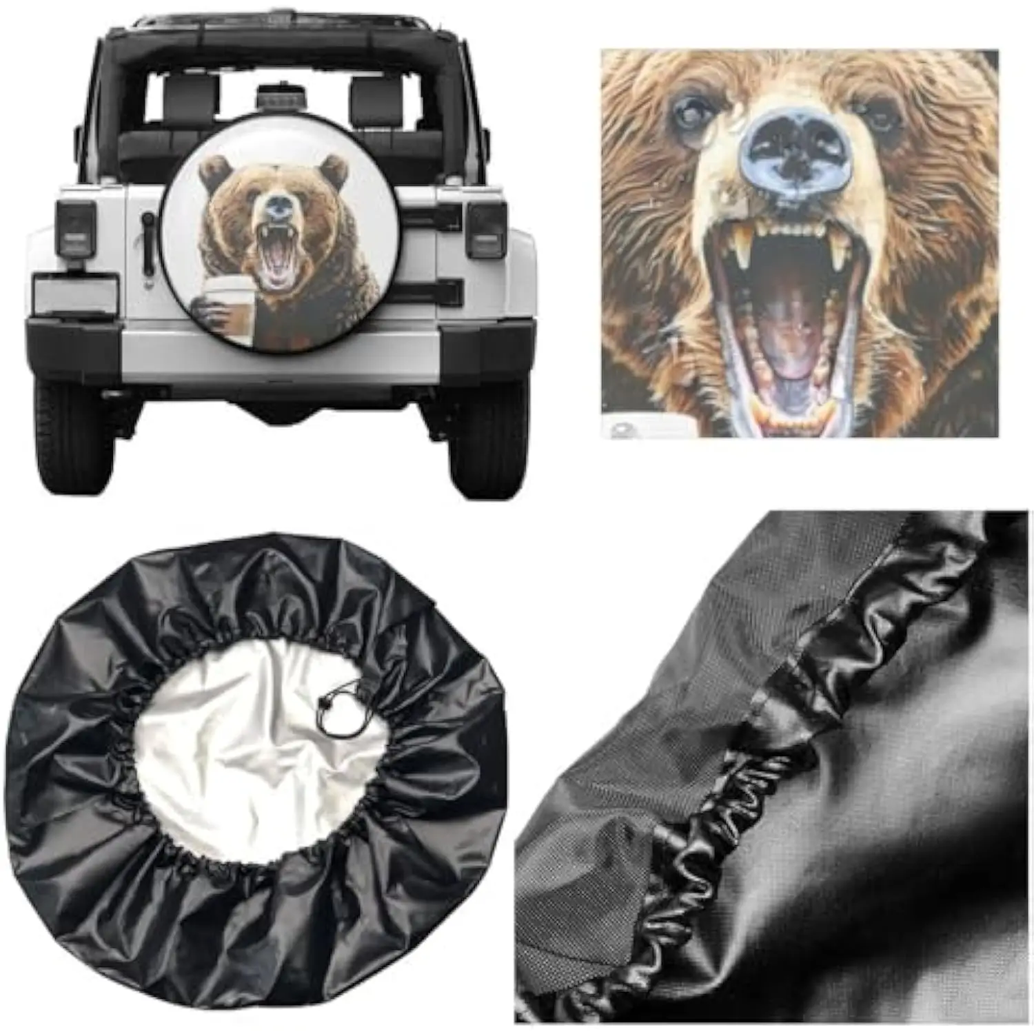 Funny Bear Coffee Spare Tire Cover Polyester Fiber Waterproof Wheel Protector Universal Fit for RV SUV Camper Truck 15 Inch