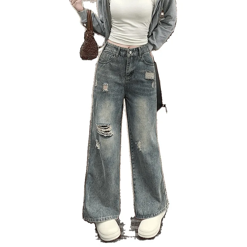 2026 New American Vintage Distressed Hole Short Straight Leg Jeans Women Summer Loose and Slim Versatile Wide Leg Floor Trousers