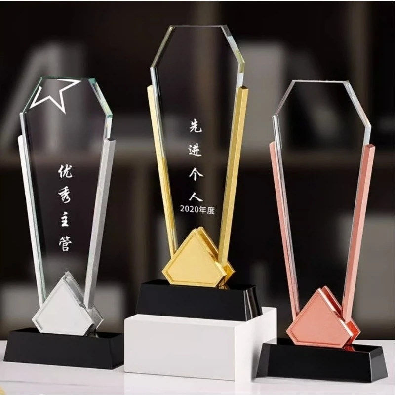 New crystal trophy, custom free engraving, premium style for employee awards & competition honor, metal decorative trophy