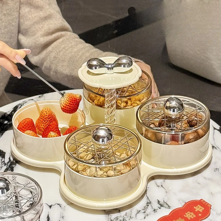 Light luxury rotating snack box, dried fruit plate with grid and lid, household fruit plate, living room creative coffee table