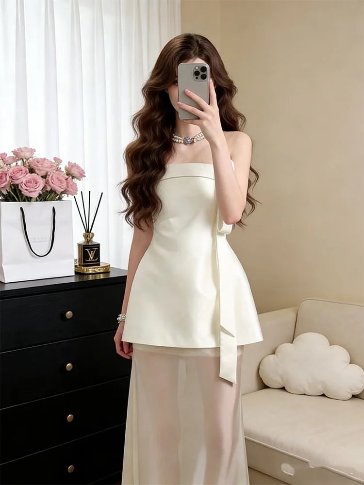 

Ele White Sa Bandeau Top And Tulle Slim Fit Skirt Two Piece Set for Women Faionable High Waist Long Skirt Ensemble