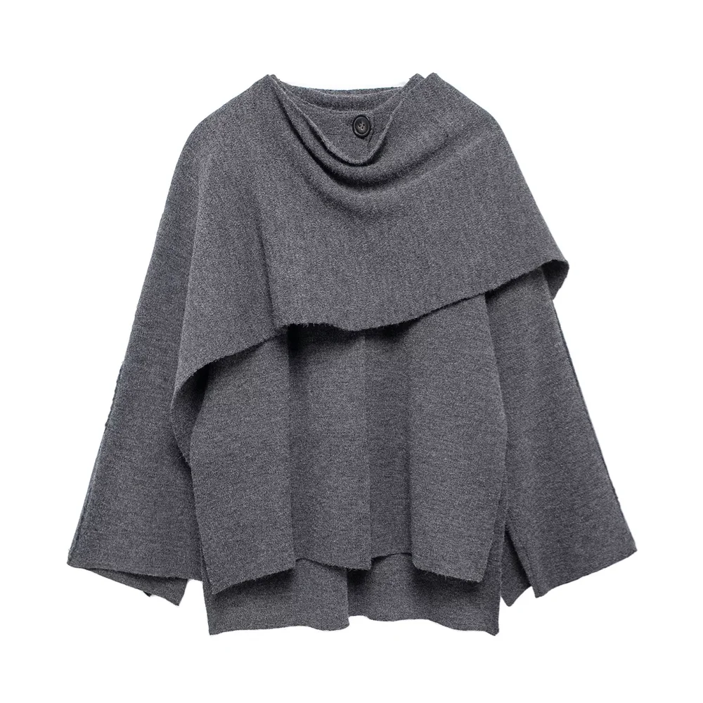 Winter New Women's Clothing Slim Fit Simple Lazy Style Scarf Cape style Round Neck Long Sleeve Short Knitted Coat Coat