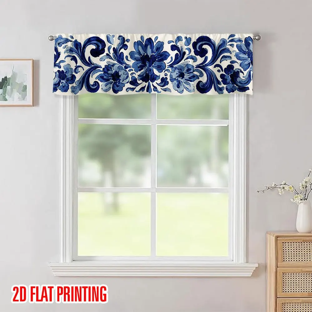 VIKAMA Blue Floral Valance Curtain, Rod Pocket Semi Sheer Window Treatment for Kitchen Bathroom Living Room Decor