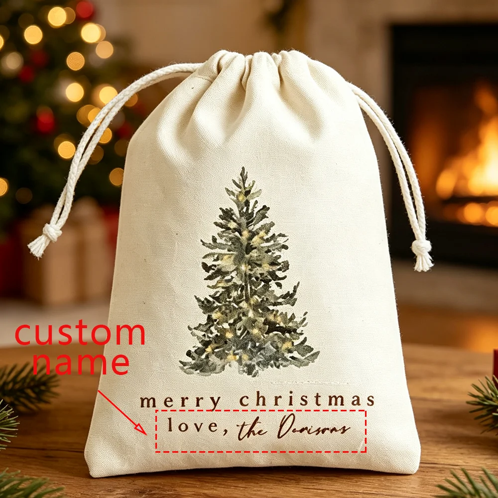 Custom Merry Christmas Tree Muslin Gift Bag with Name Personalized Winter Xmas Holiday Parties Canvas Drawstring Bags for Kids