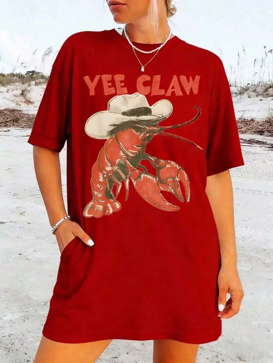 

Yee Claw Lobster Cowboy Graphic Tee Women Oversized Short Sleeve T-Shirt Red