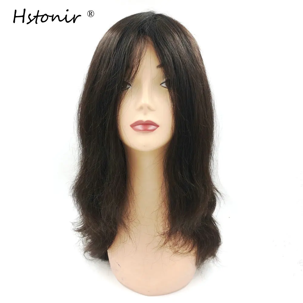 Hstonir-人間の髪の毛のかつらカバー,自然な見た目,黒い色,光沢のある,簡単なヘアピースg003