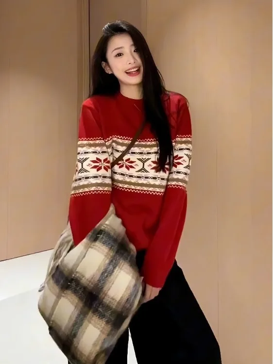 

Cisas Theme Red Knitted Sweater Women's Base Layer Top Ultra Cute Inner Wear Boting Long Sve round Ne Regular Fit