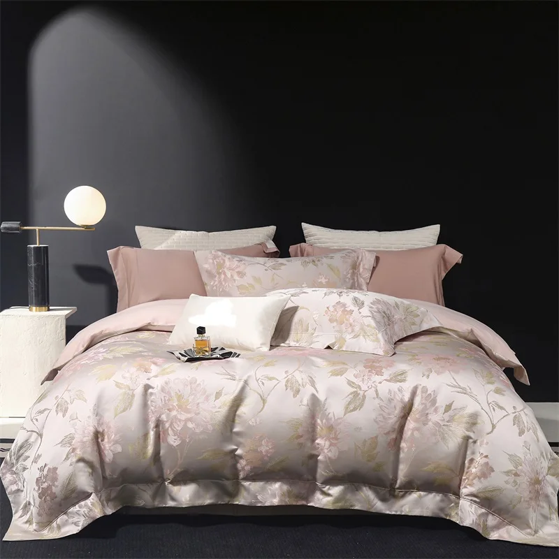 Luxury Floral Jacquard Egyptian Cotton Bedding Set Silky Satin Duvet Cover Flat/Fitted Bed Sheet Pillowcase King/Queen Size 4Pcs