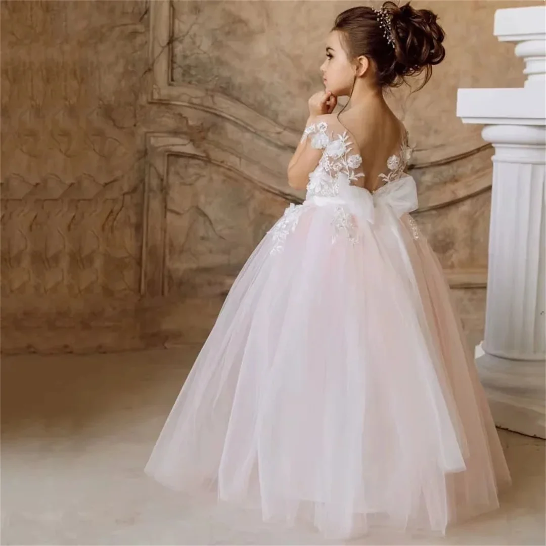

Customized Flower Girl Dresses Pink White Flowers Appliques With Bow Sleeveless For Wedding Birthday Party Holy Communion Gowns
