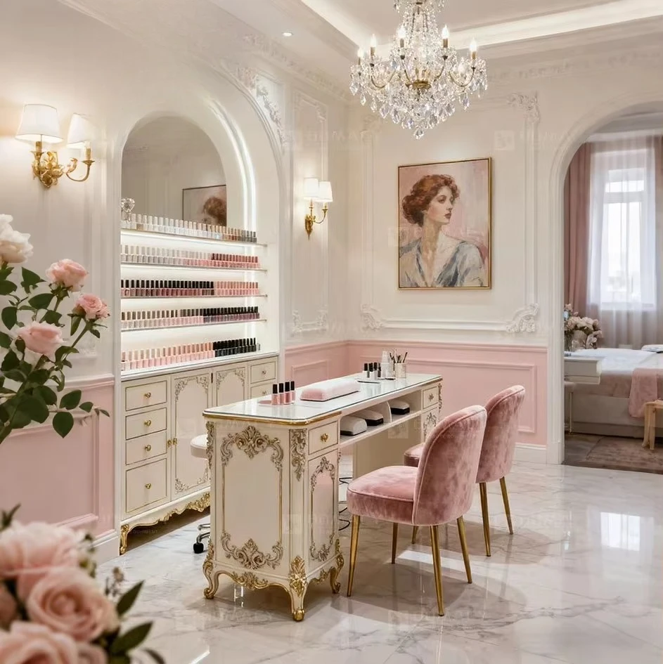 Luxurious Nail Salon Drawer Cream Manicure Table And Chair Set With Fan