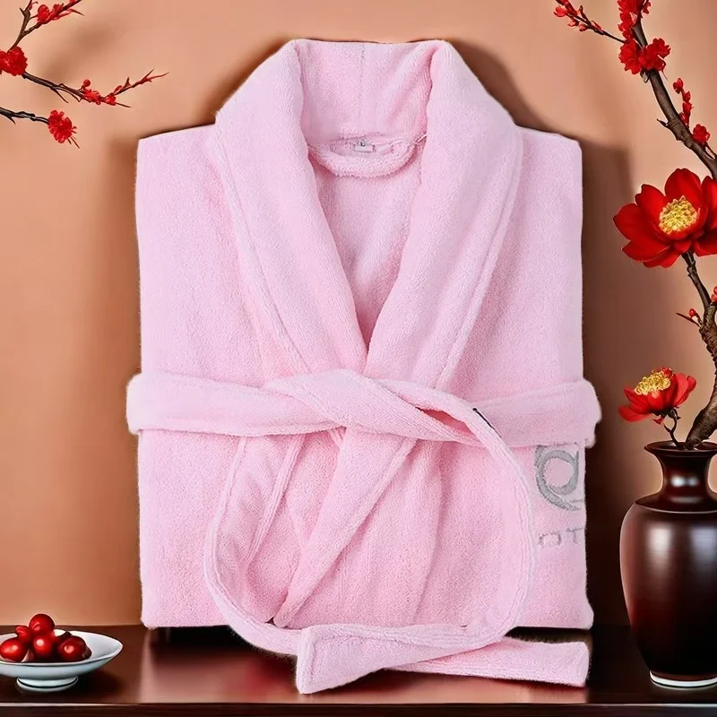 Men's Terry Towel Fleece Long Bathrobe, Thick Warm Dressing Gown, Male Kimono Robes, 100% Cotton, Hotel Home, Winter