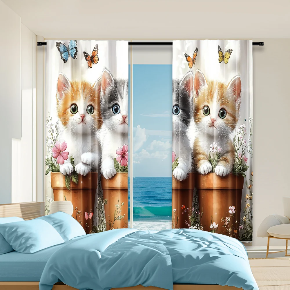 2 pcs, versatile polyester transparent curtains for home decoration Funny Cat for use in bedrooms and living rooms