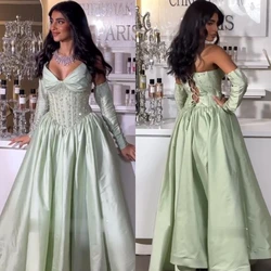 Elegantes, maßgeschneidertes, trägerloses Ballkleid-Quinceanera-Kleid mit Perlenstickerei, Paillette/Pailletten, knöchellang, Satin-Abendkleid