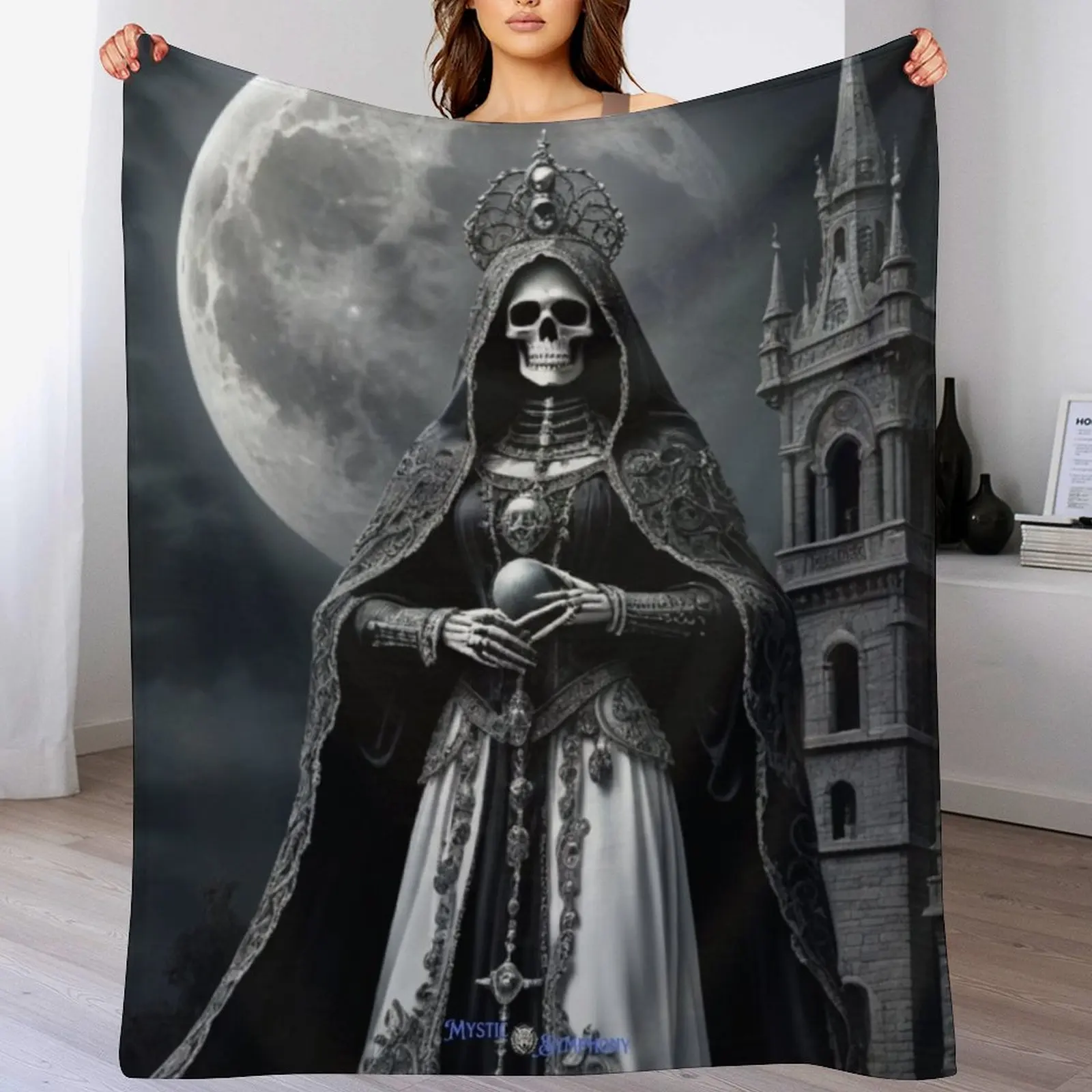 Santa Muerte with Moon Throw Blanket Cozy Home Blanket Gift for Christmas Holiday