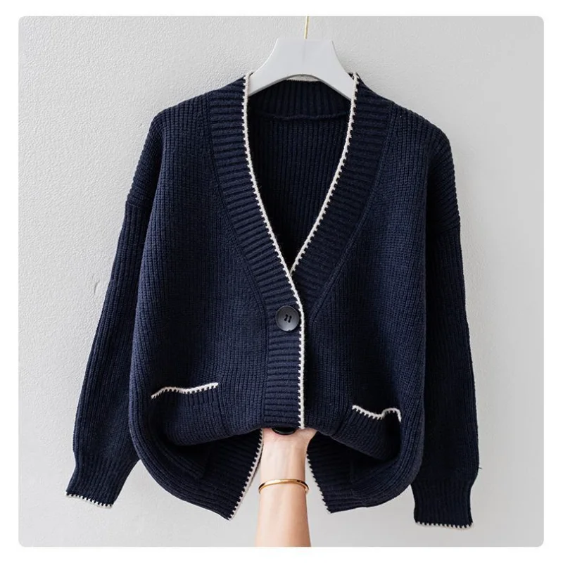 سترة محبوكة جديدة للنساء مع بلوزة بلون سادة فضفاضة وكسول #6