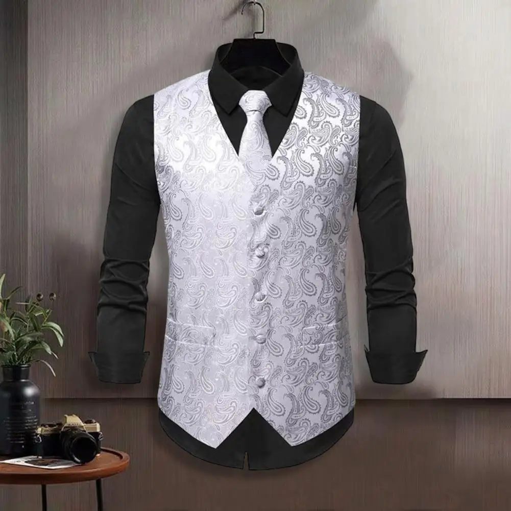 Regular Fit Vest Suit Men Party Vest Stylish Retro Groom Wedding Waistcoat with Printed Sleeveless V Neck Slim Fit for Men's