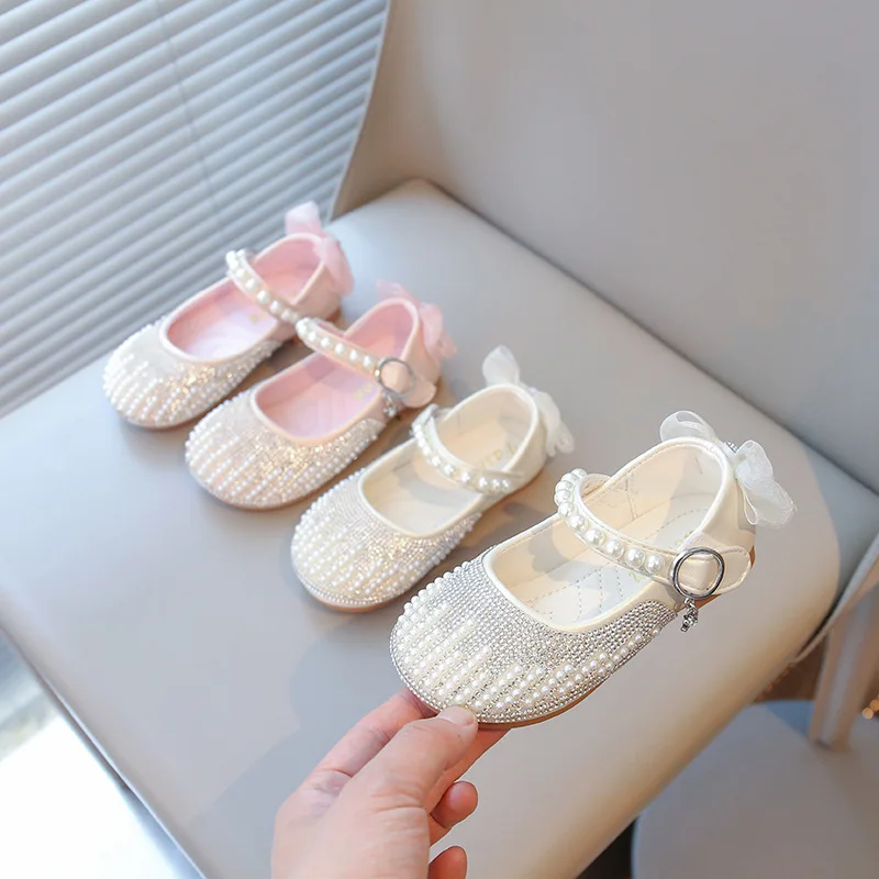 

New Spring Summer Leather Bow Shoes Sequined Pearls Girls Non-slip, Princess Performance Dance, Baby Walking Shoes, Fashionable