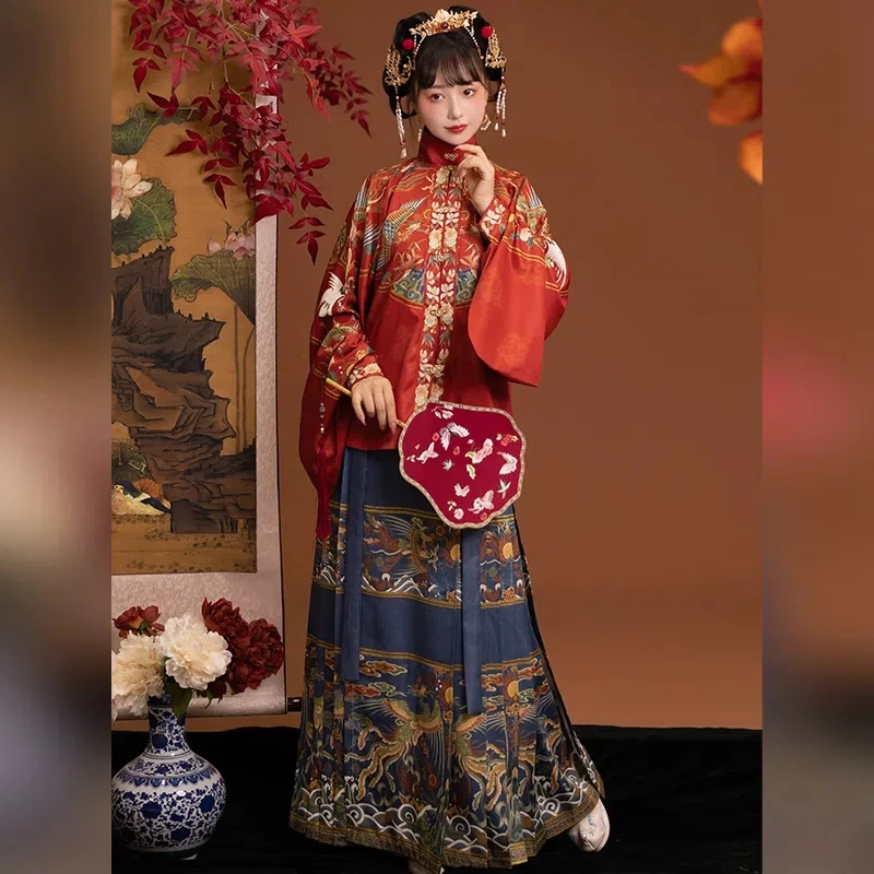 Oude Hanfu Voor Vrouwen Lente Ming-dynastie Phoenix Afdrukken Pipa Vorm Mouwen Rood Top Blauw Paard Gezicht Rokken 2 Stuks volledige Suits