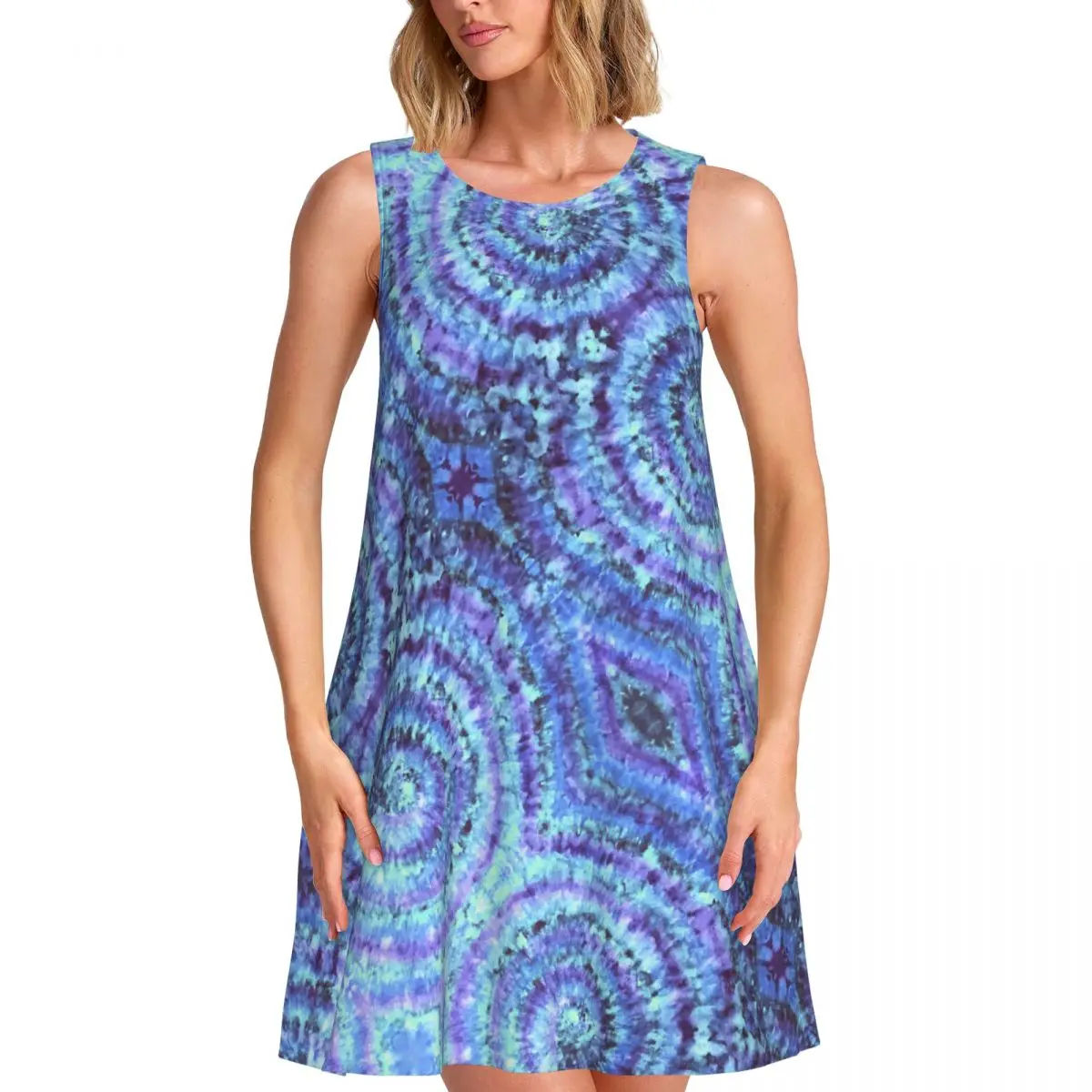 مخصص التعادل صبغ Shibori دائرة فستان الشمس فضفاض مع جيب مطبوعة بوهيميا المرأة بلا أكمام فستان لقضاء عطلة الشاطئ