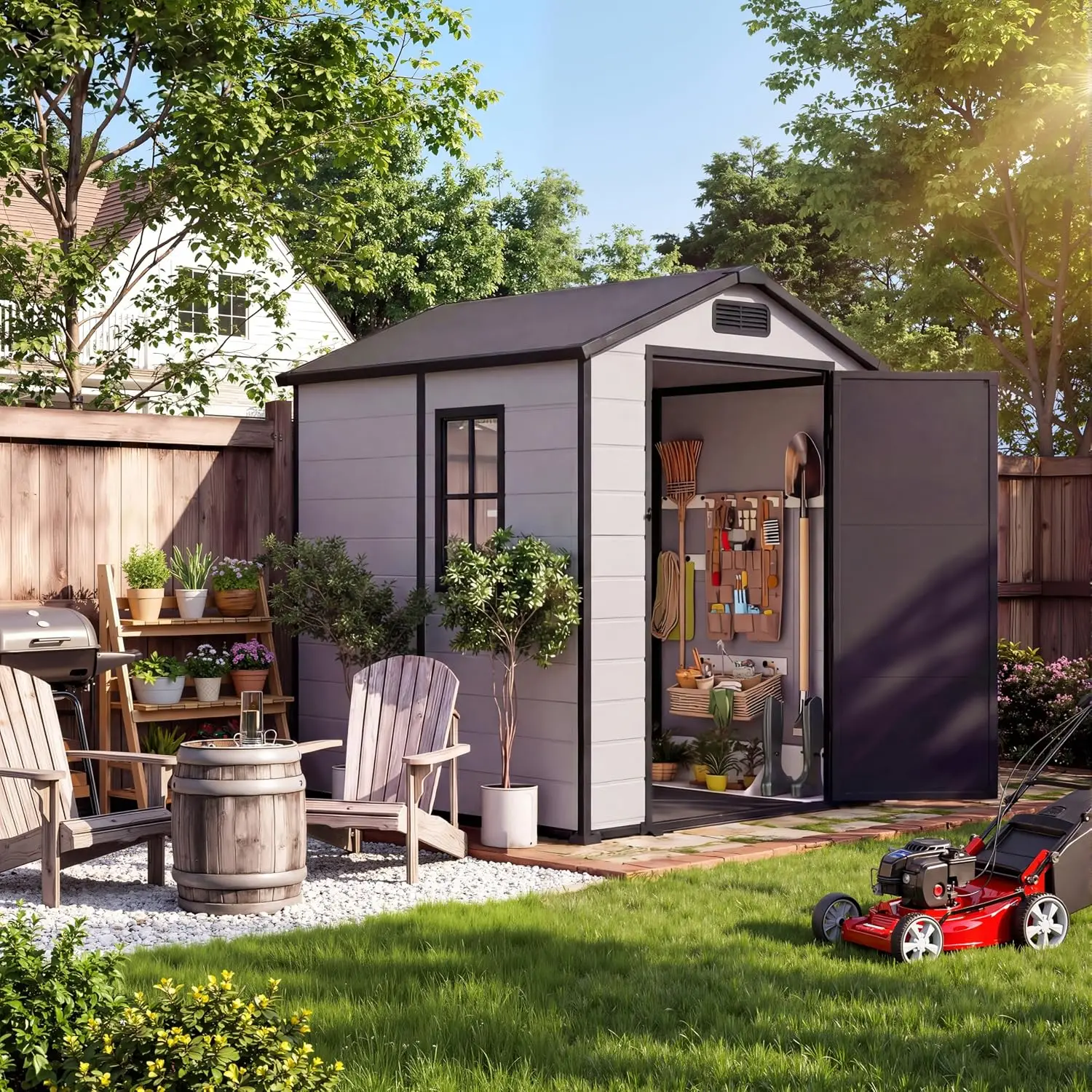 Outdoor Storage Shed Floor Window Lockable Door, Resin Tool Shed Patio Mower Bike, Sloped Roof 2 Vents, 4x6 Ft, Customized
