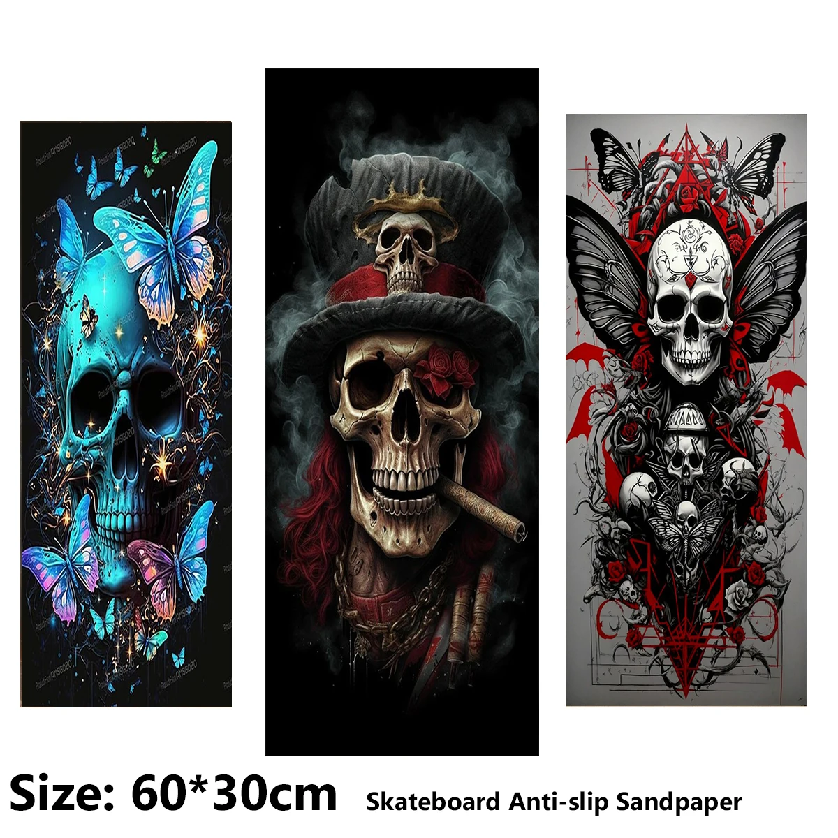 Terrifying Skull and Eerie Butterfly Pattern Electric Scooter Anti-slip Sticker Sandpaper Skateboard Grip Tape Sheet 60*30cm