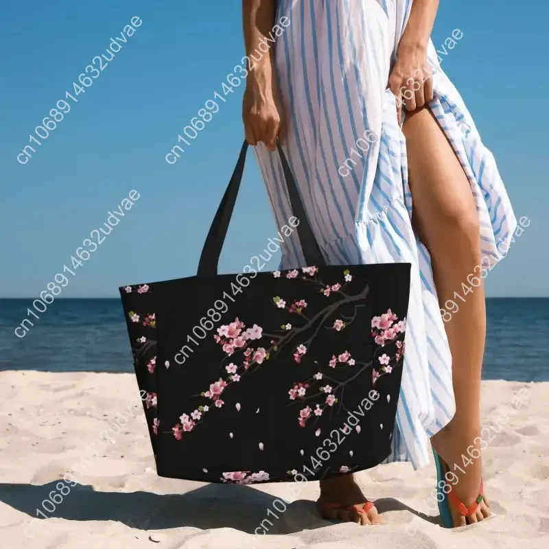 Japanese Sakura Cherry Blossoms Large Beach Tote Bag for Women Waterproof Sandproof Zipper Beach Tote Bags for Pool Gym Travel