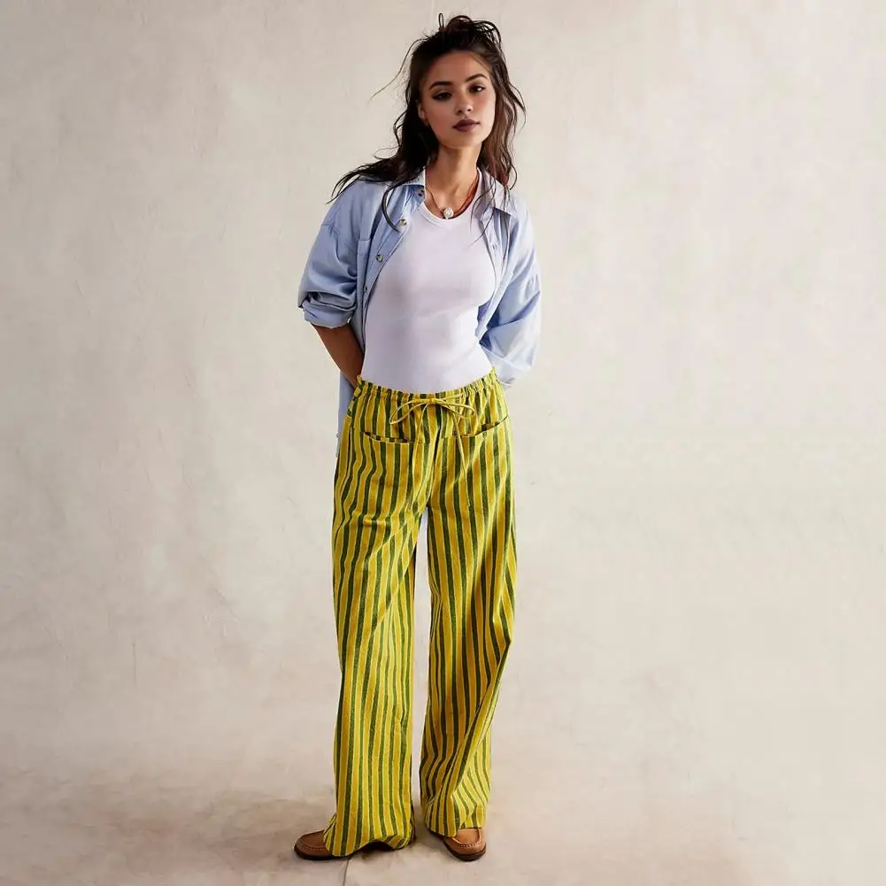 Women Wide-leg Pants Striped Print Bottoms Vertical Striped Wide Leg Pants with Drawstring Pockets for Women Streetwear for A