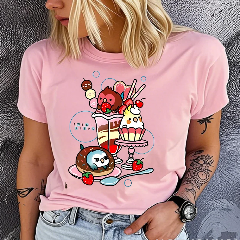 Cotton 100% Cartoon Animal Parrot Print Round Neck Short Sleeve T-shirt Base for Women Women Clothes