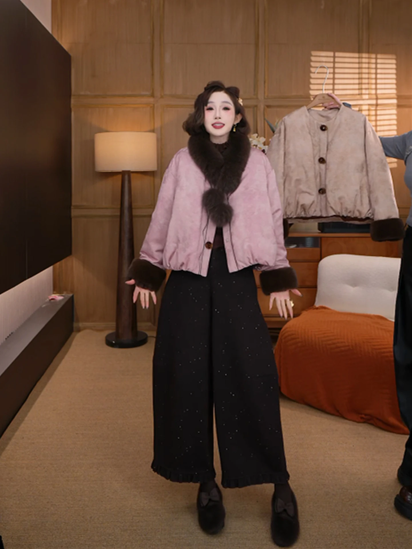 

Yolo Winter Thiened Embroidered Rabbit Fur Jaet White Goose down Wool Silk Ladies Coat Warm Long Sve Regular Length