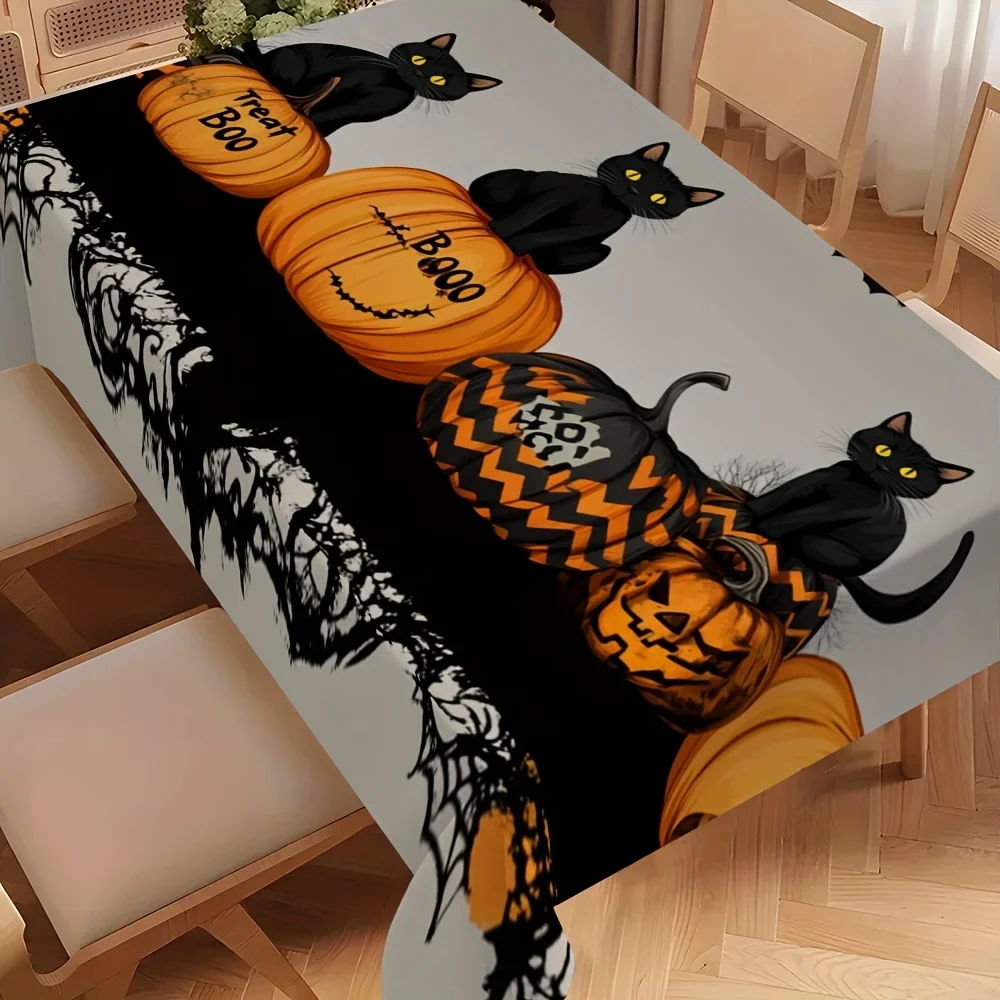 A single-color Halloween-themed tablecloth with a black cat pattern, perfect for use on family dining tables.PMJ