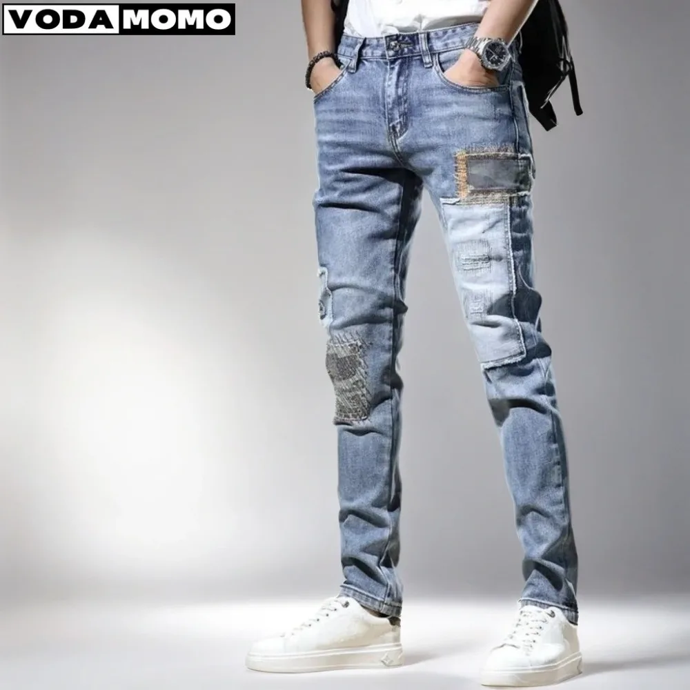 

2023Men Pantalones Hombre Stylish Ripped Jeans Pants Slim Straight Frayed Denim Clothes Men New Fashion Skinny Trousers Clothes