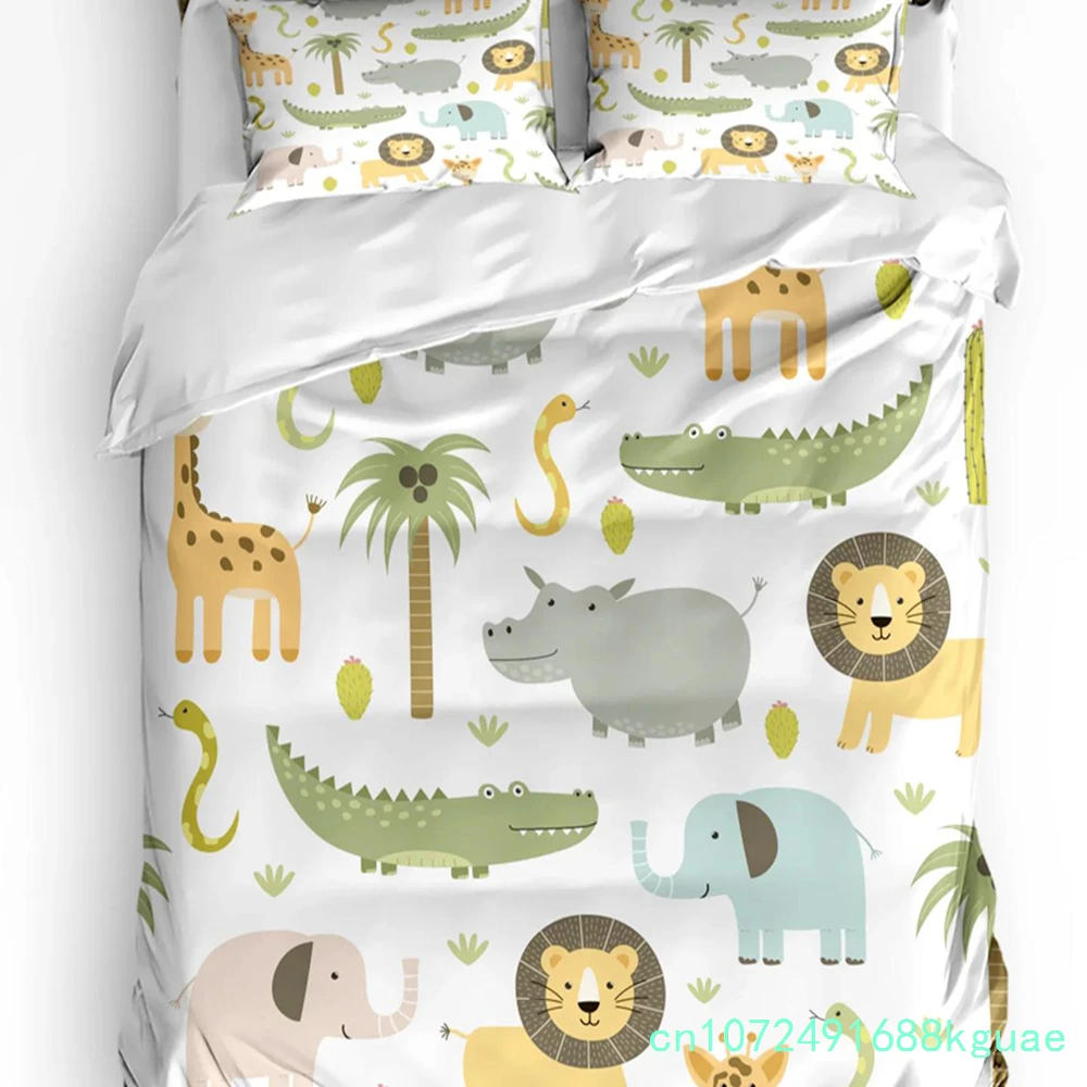 Cartoon Animal Lion Elephant Giraffe Duvet Cover 3pcs Bedding Set Home Textile Quilt Cover Pillowcases Room Bedding Set No Sheet