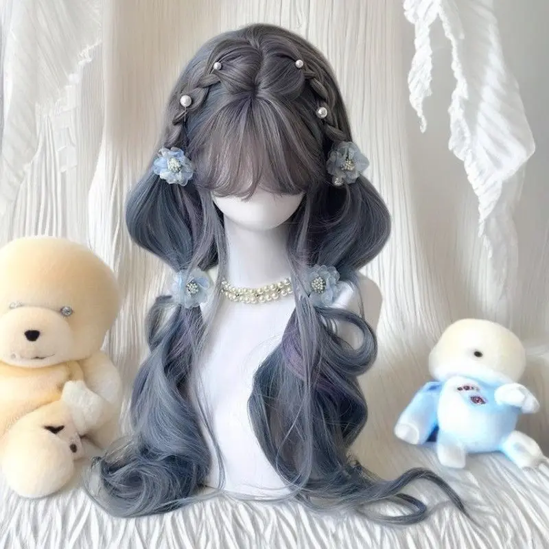 วิกผมคอสเพลย์สีฟ้าหมอกใหม่ - ผมลอนธรรมชาติ ทนความร้อน ผมสังเคราะห์ ทรงผมยาวหยิกสไตล์โบฮีเมียน