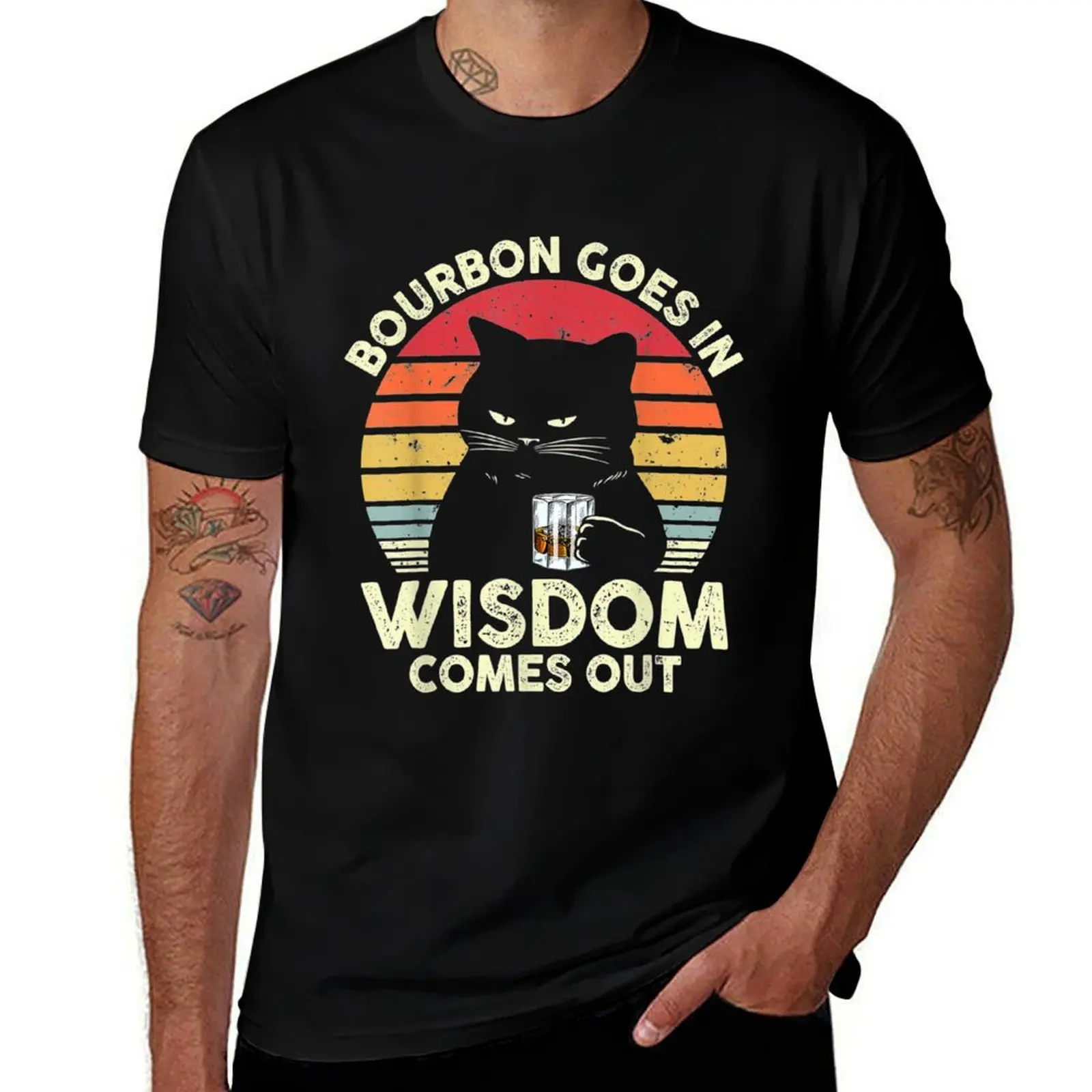

Bourbon Goes In Wisdom Comes Out Vintage Cat Whiskey Lovers T-Shirt Clothing graphics mens fashion