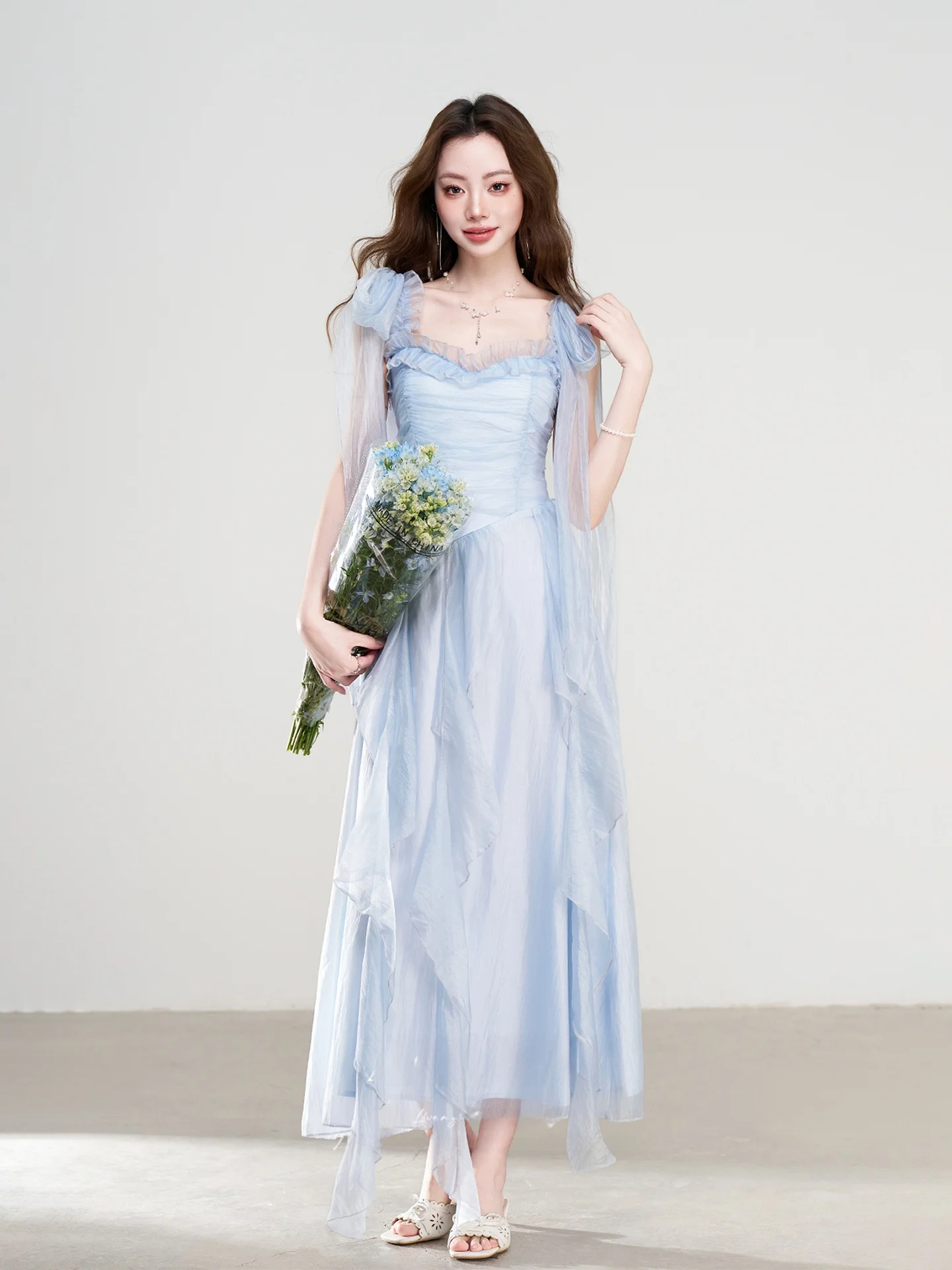 

Elegant High Waist French Style off Shoulder Long Dress Women's Summer New Fashion Gauze A-Line Dress Slim Fit Daily Wear