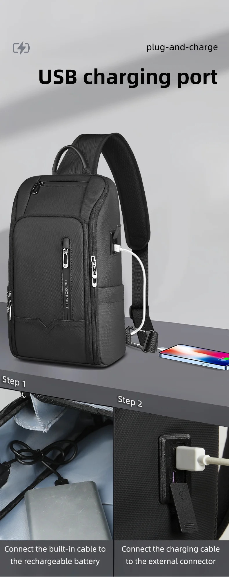 Heroic Knight Modische Umhängetasche für Herren, multifunktionale Fahrrad-Umhängetasche, wasserdicht, USB-Reise-Umhängetasche, lässige Brusttasche – Detail 9