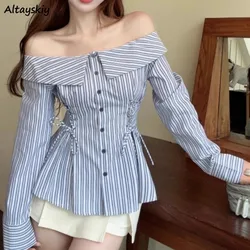 Slash Neck Shirts for Women Off Shoulder Striped Korean Style Spring Summer Hot Girls Tops Slim All-match Long Sleeve Lace-up