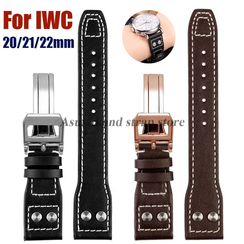 Кожаный ремешок для часов 20 мм, 21 мм, 22 мм для IWC Pilot для португальского Spitfire Fighter, ремешок для часов, складная пряжка, мужской браслет из воловьей кожи
