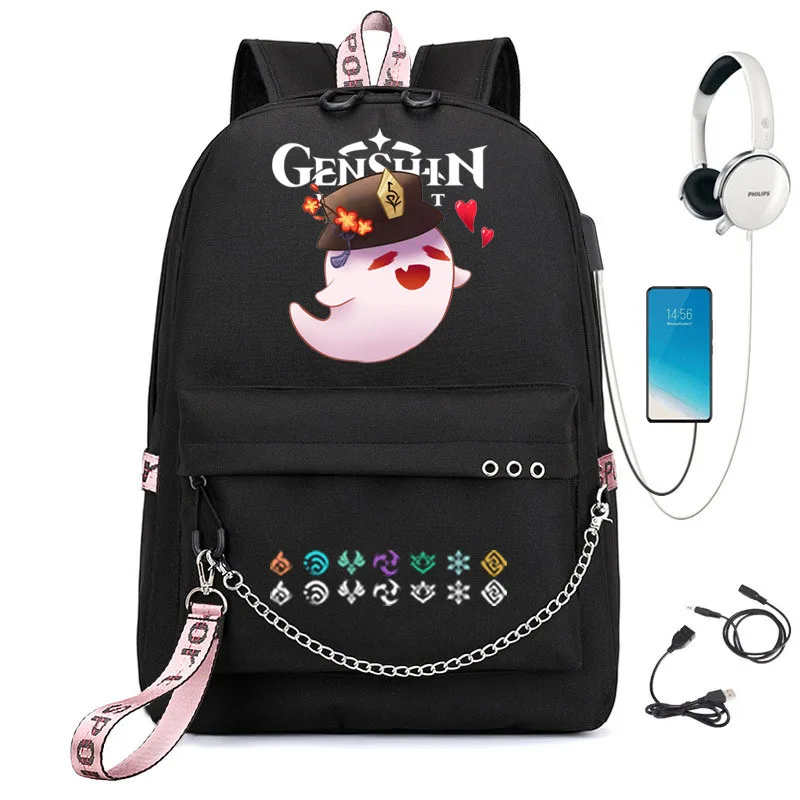 

Забавный призрак Genshin ударопрочный аниме USB рюкзак школьные сумки для книг веера сумки для путешествий цепь для ноутбука наушники