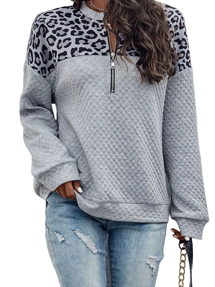 Fashionable Winter New Leopard Print Stitching Drop Shoulder Zipper Sweater Women 2023 Casual Warm Long Sleeve Tops Women