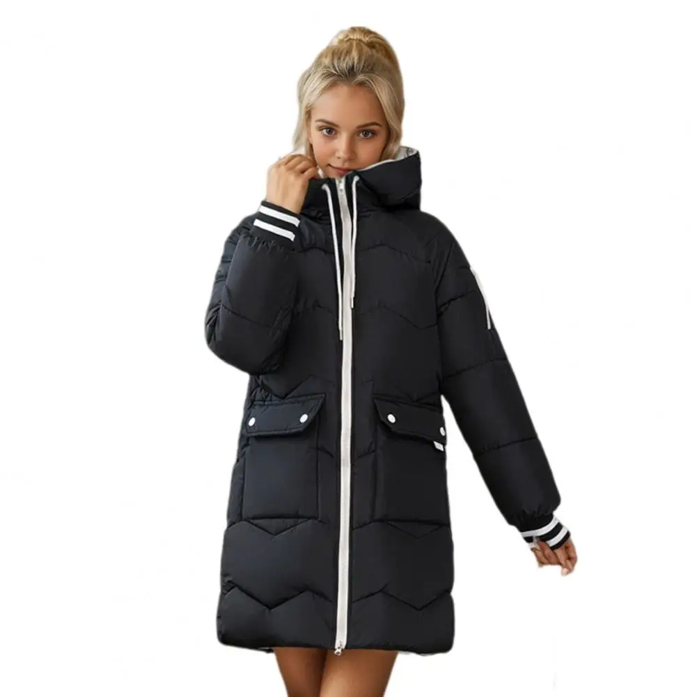 Winter Women Down Coat Padded Plush Hood Big Pockets Long Sleeves Heat Retention Warm Outwear Cotton Jacket