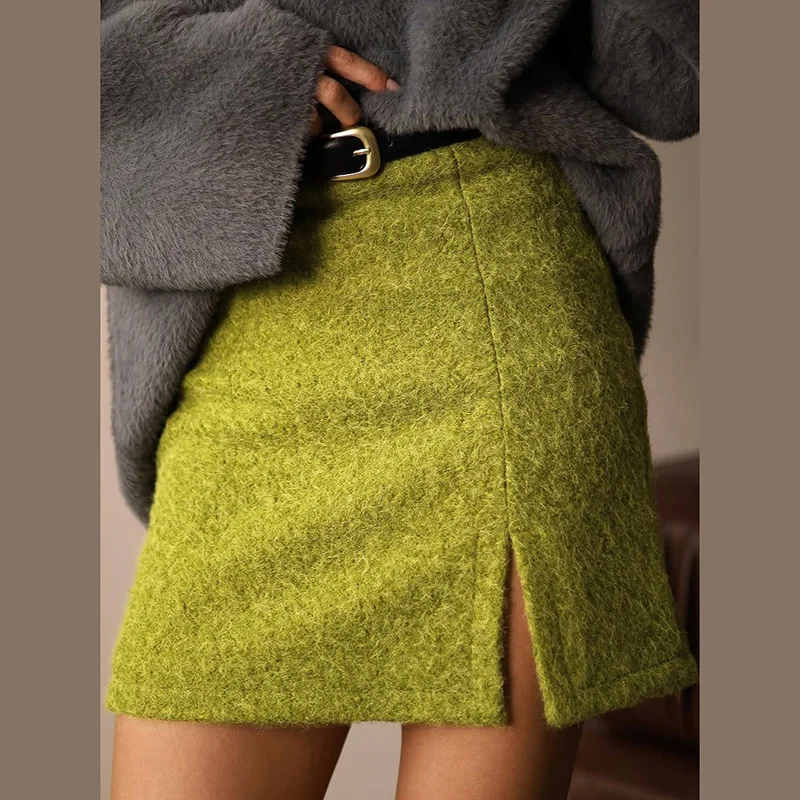 Seitlich geschlitzter Wollrock für Damen, sexy, hohe Taille, Hüftbetonter A-Linien-Minirock, schicke Damenmode für den Herbst, vielseitig kombinierbar für Partys. – Detail 7