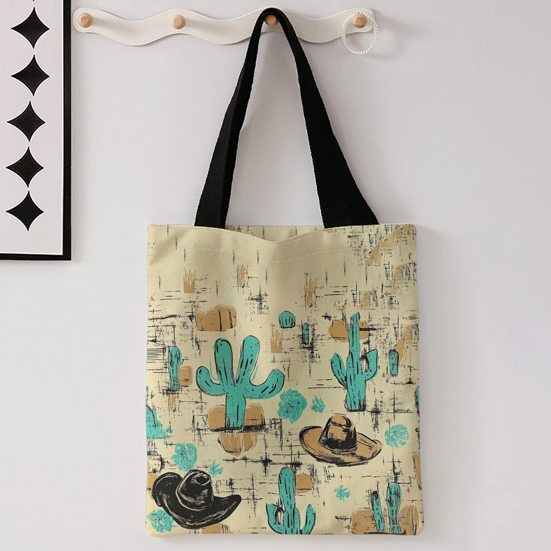Cowboy Cactus Print Tote Bag With Black Handles Large Shoulder Handbag For Shopping Daily Use