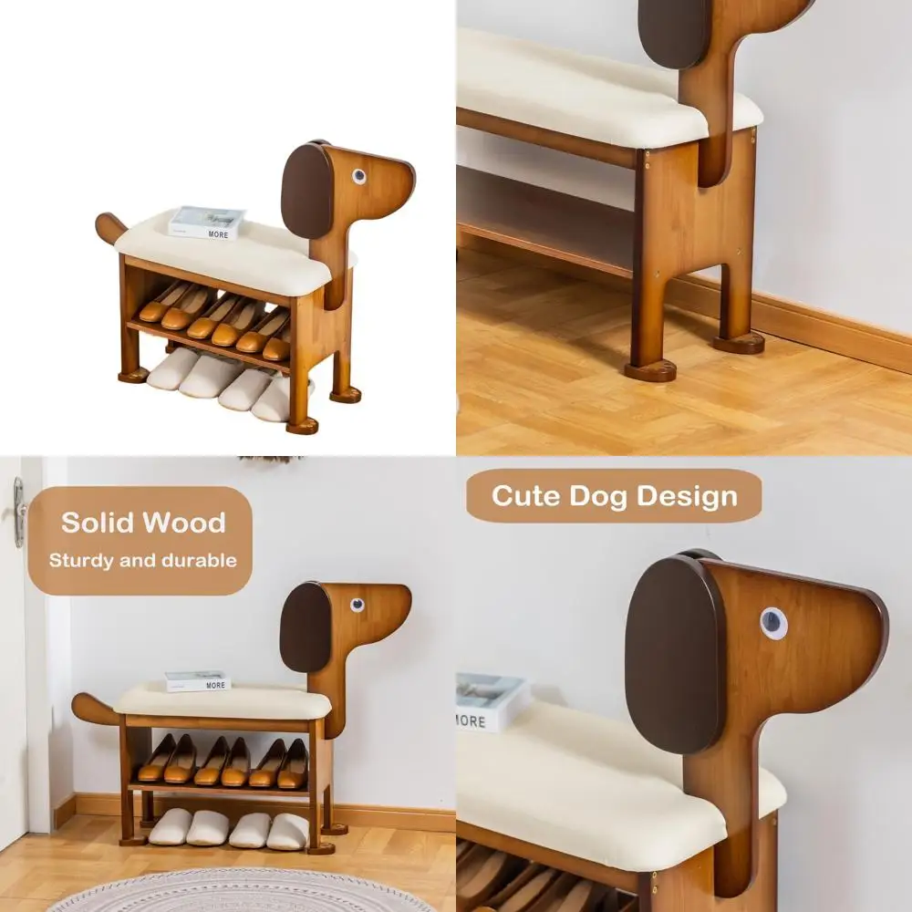 Two-Tier Dog Entryway Bench with Cushion, Cute Wood Shoe Rack Bench, 23.62 Inches