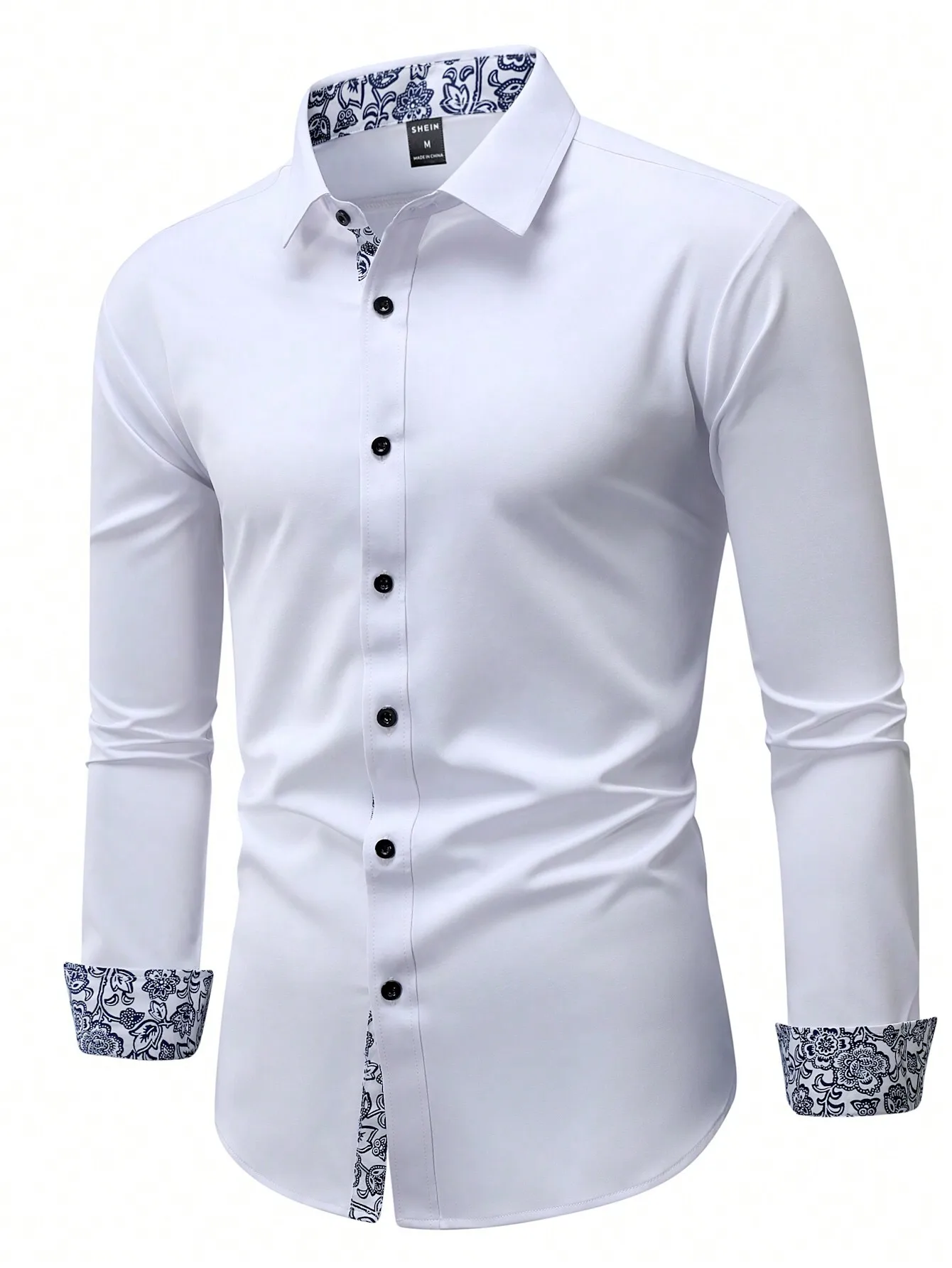 

Men's White Long Sleeve Button-Front Shirt with Floral Lining